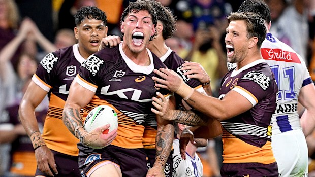BRISBANE, AUSTRALIA - SEPTEMBER 08: Jordan Riki of the Broncos celebrates after scoring a try during the NRL Qualifying Final match between the Brisbane Broncos and Melbourne Storm at Suncorp Stadium on September 08, 2023 in Brisbane, Australia. (Photo by Bradley Kanaris/Getty Images)