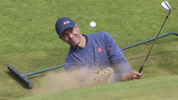 Adam Scott of Australia plays out of a bunker on the eighth hole during a practice round ahead of the British Open Golf Championships at Royal Troon golf club in Troon, Scotland, Wednesday, July 17, 2024. (AP Photo/Scott Heppell)