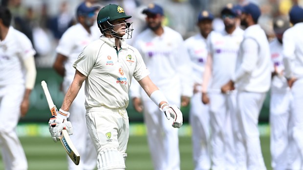 Steve Smith of Australia walks off the field after being dismissed by Jasprit Bumrah of India at the Melbourne Cricket Ground in 2020. (Photo by Quinn Rooney/Getty Images)