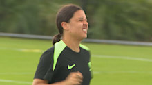 Sam Kerr grimacing during the Matildas' final training session before the Asian Cup final against China.