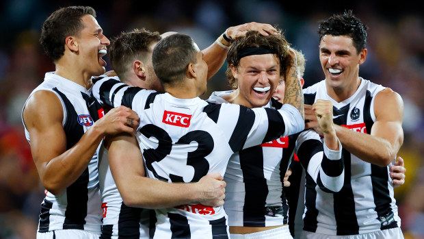 Jack Ginnivan of the Magpies celebrates a goal with teammates during the 2023 AFL Round 05 match between the Collingwood Magpies and the St Kilda Saints at Adelaide Oval on April 16, 2023 in Adelaide, Australia. (Photo by Dylan Burns/AFL Photos)