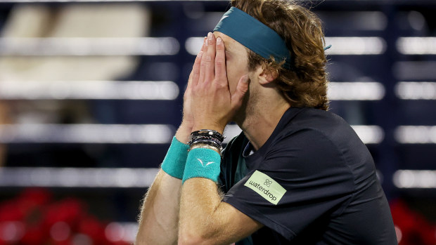 Andrey Rublev reacts to being dismissed by the court supervisor after shouting at a line judge while playing Alexander Bublik of Kazakhstan in their semifinal match during the Dubai Duty Free Tennis Championships at Dubai Duty Free Tennis Stadium on March 01, 2024 in Dubai, United Arab Emirates. (Photo by Christopher Pike/Getty Images)