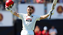 Jake Lehmann celebrates his century in the Sheffield Shield final. 
