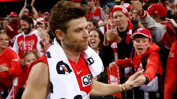 Dane Rampe of the Swans celebrates with fans during the 2024 AFL First Preliminary Final match between the Sydney Swans and the Port Adelaide Power at The Sydney Cricket Ground on September 20, 2024 in Sydney, Australia. (Photo by Michael Willson/AFL Photos via Getty Images)