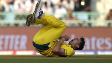Australia's captain Pat Cummins drops a catch off his own bowling during the ICC Cricket World Cup.