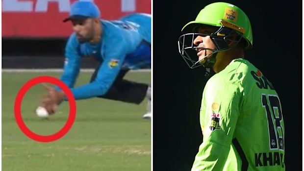 Fawad Ahmed was awarded this catch, to the ire of Usman Khawaja.