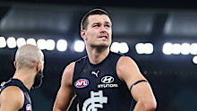 MELBOURNE, AUSTRALIA - JUNE 11: Jack Silvagni of the Blues looks dejected after a loss during the 2023 AFL Round 13 match between the Carlton Blues and the Essendon Bombers at the Melbourne Cricket Ground on June 11, 2023 in Melbourne, Australia. (Photo by Dylan Burns/AFL Photos via Getty Images)
