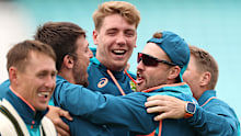 LONDON, ENGLAND - JULY 25: Mitch Marsh, Cameron Green and Josh Inglis of Australia react while warming up during the Australia Nets Session at The Kia Oval on July 25, 2023 in London, England. (Photo by Ryan Pierse/Getty Images)