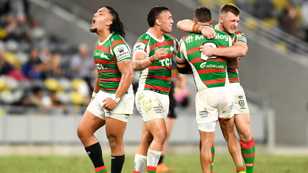 Keaon Koloamatangi, Jaydn Su'A, Dane Gagai and Jai Arrow of the Rabbitohs celebrate victory during the 2021 NRL qualifying final match against the Penrith Panthers.