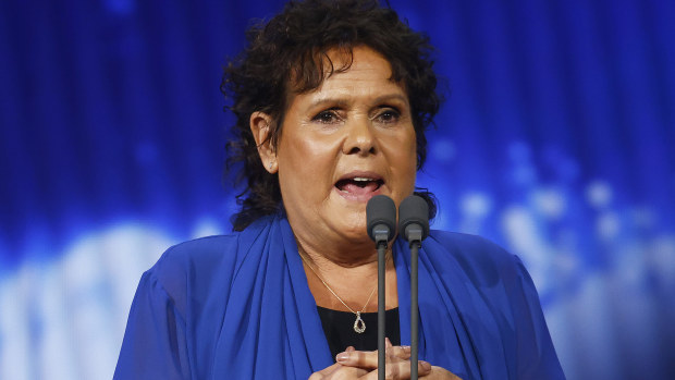 Evonne Goolagong Cawley is awarded the Spirit of Tennis award during the 2022 Newcombe Medal.
