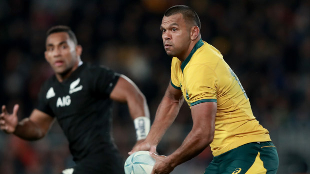 Kurtley Beale of the Wallabies looks to pass the ball during the 2019 Rugby Championship Test against the New Zealand All Blacks at Eden Park.