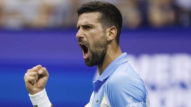 NEW YORK, NEW YORK - SEPTEMBER 08: Novak Djokovic of Serbia celebrates winning the first set against Ben Shelton of the United States during their Men's Singles Semifinal match on Day Twelve of the 2023 US Open at the USTA Billie Jean King National Tennis Center on September 08, 2023 in the Flushing neighborhood of the Queens borough of New York City. (Photo by Sarah Stier/Getty Images)