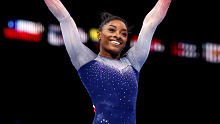 Simone Biles celebrates after her routine on Floor Exercise.