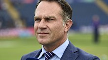 CARDIFF, WALES - MAY 28: Commentator Michael Slater pictured with his microphone before the ICC Cricket World Cup 2019 Warm Up match between Bangladesh and India at Cardiff Wales Stadium on May 28, 2019 in Cardiff, Wales. (Photo by Stu Forster-ICC/ICC via Getty Images)
