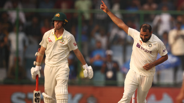 Mohammed Shami of India celebrates taking the wicket of Matthew Kuhnemann of Australia during day one of the Second Test match in the series between India and Australia at Arun Jaitley Stadium on February 17, 2023 in Delhi, India. (Photo by Robert Cianflone/Getty Images)