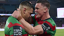 Rabbitohs stars Latrell Mitchell and Jack Wighton embrace.