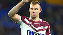 GOLD COAST, AUSTRALIA - JUNE 13: Tom Trbojevic of the Sea Eagles looks on during the round 15 NRL match between Gold Coast Titans and Manly Sea Eagles at Cbus Super Stadium, on June 13, 2025, in Gold Coast, Australia. (Photo by Chris Hyde/Getty Images)