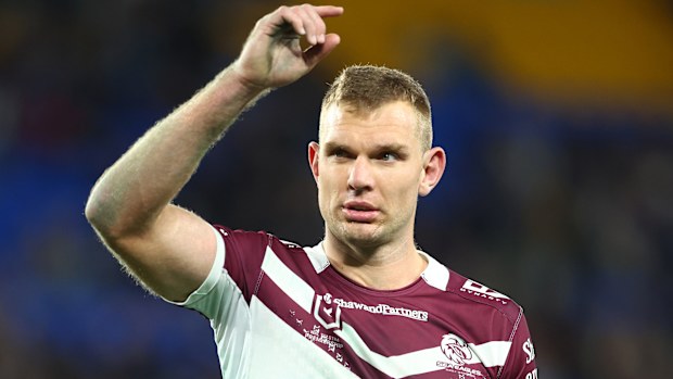 GOLD COAST, AUSTRALIA - JUNE 13: Tom Trbojevic of the Sea Eagles looks on during the round 15 NRL match between Gold Coast Titans and Manly Sea Eagles at Cbus Super Stadium, on June 13, 2025, in Gold Coast, Australia. (Photo by Chris Hyde/Getty Images)