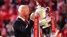Erik ten Hag, Manager of Manchester United celebrates with the trophy during the Emirates FA Cup Final match between Manchester City and Manchester United at Wembley Stadium on May 25, 2024 in London, England. (Photo by Alex Pantling/Getty Images )