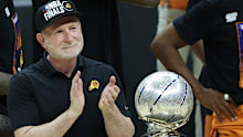 LOS ANGELES, CALIFORNIA - JUNE 30: Owner Robert Sarver stands with the Western Conference Championship trophy after the Suns beat the LA Clippers to win the series in Game Six of the Western Conference Finals at Staples Center on June 30, 2021 in Los Angeles, California. The Suns beat the Clippers to advance to the NBA Finals. NOTE TO USER: User expressly acknowledges and agrees that, by downloading and or using this photograph, User is consenting to the terms and conditions of the Getty Images 