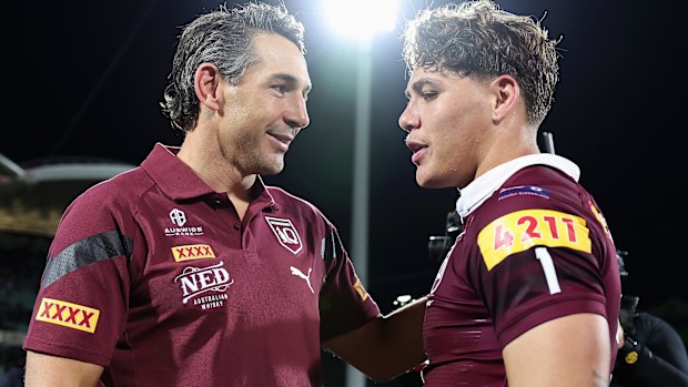 Queensland coach Billy Slater (left) and fullback Reece Walsh in 2023.