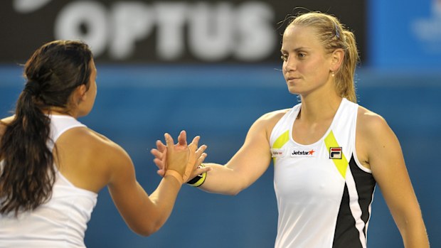 Jelena Dokic after  her loss to Marion Bartoli   on Rod Laver Arena tonight, Melbourne. Thursday 19th January 2012 Photo: Pat Scala, The Age