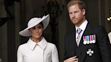 Prince Harry and Meghan Markle, Duke and Duchess of Sussex leave after a service of thanksgiving for the reign of Queen Elizabeth II at St Paul's Cathedral in London, Friday, June 3, 2022 on the second of four days of celebrations to mark the Platinum Jubilee. The events over a long holiday weekend in the U.K. are meant to celebrate the monarch's 70 years of service. (AP Photo/Matt Dunham, Pool)