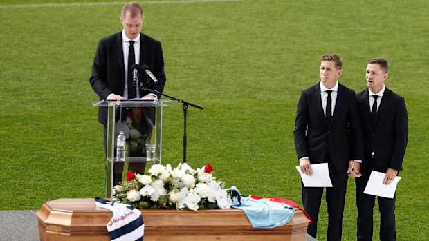Adam Selwood speaks at his twin brother Troy's funeral in February.