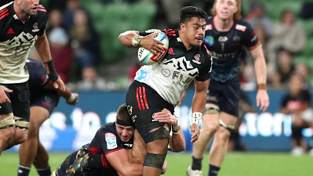 Ioane Moananu of the Crusaders on the way to scoring a try.