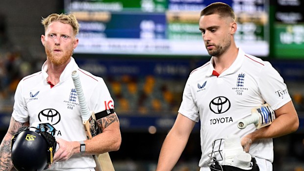 BRISBANE, AUSTRALIA - DECEMBER 06: England captain Ben Stokes and Will Jacks leave the field at stumps on day three of the Second 2025/26 Ashes Series Test Match between Australia and England at The Gabba on December 06, 2025 in Brisbane, Australia. (Photo by Gareth Copley/Getty Images)