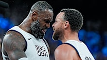 United States superstars LeBron James and Steph Curry pictured at the Paris 2024 Olympics.