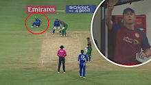 Johnathan Trott calls for Afghanistan to slow down as a player fakes an injury. 