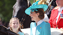 LONDON, ENGLAND - JUNE 14: Catherine, Princess of Wales and Princess Charlotte of Wales during Trooping The Colour 2025 on June 14, 2025 in London, England. Trooping The Colour is a ceremonial parade celebrating the official birthday of the British Monarch. The event features over 1,400 soldiers and officers, accompanied by 200 horses. More than 400 musicians from ten different bands and Corps of Drums march and while performing. (Photo by Neil Mockford/Getty Images)