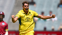 MELBOURNE, AUSTRALIA - FEBRUARY 02: Xavier Bartlett of Australia celebrates the wicket of during game one of the One Day International series between Australia and West Indies at Melbourne Cricket Ground on February 02, 2024 in Melbourne, Australia. (Photo by Morgan Hancock - CA/Cricket Australia via Getty Images)