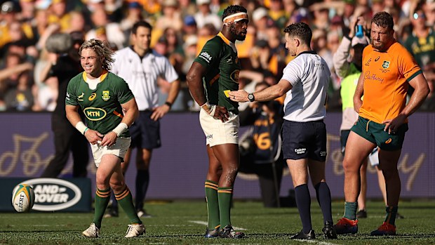 Faf de Klerk of the Springboks receives a yellow card.