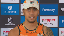 Jarome Luai talking to media after signing with the PNG Chiefs.