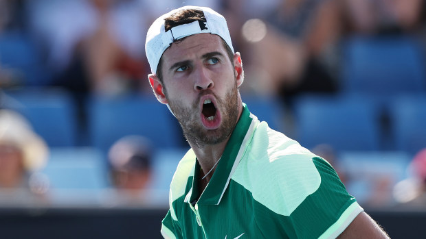 MELBOURNE, AUSTRALIA - JANUARY 15: Karen Khachanov reacts in their round one singles match against Daniel Altmaier of Germany during the 2024 Australian Open at Melbourne Park on January 15, 2024 in Melbourne, Australia. (Photo by Darrian Traynor/Getty Images)
