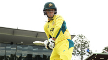 CANBERRA, AUSTRALIA - FEBRUARY 06:  Jake Fraser-McGurk of Australia walks onto the field to bat during game three of the Men's One Day International match between Australia and West Indies at Manuka Oval on February 06, 2024 in Canberra, Australia. (Photo by Matt King/Getty Images)