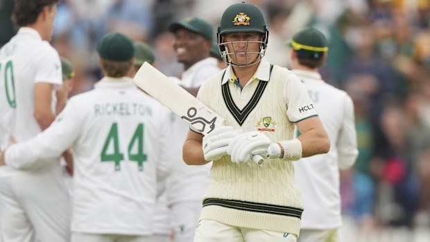 Australia's Marnus Labuschagne walks off the field after losing his wicket.