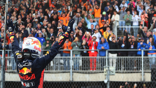 Race winner Max Verstappen of the Netherlands and Oracle Red Bull Racing celebrates in parc ferme during the F1 Grand Prix of The Netherlands at Circuit Zandvoort on August 27, 2023 in Zandvoort, Netherlands. (Photo by Peter Fox/Getty Images)