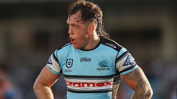 SYDNEY, AUSTRALIA - MAY 03: Cameron McInnes of the Sharks looks on during the round nine NRL match between Cronulla Sharks and Wests Tigers at Ocean Protect Stadium, on May 03, 2026, in Sydney, Australia. (Photo by Mark Metcalfe/Getty Images)