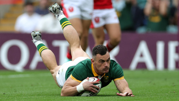 Jesse Kriel of South Africa dives over for their first try during the Summer Rugby International match between South Africa and Wales at Twickenham Stadium.