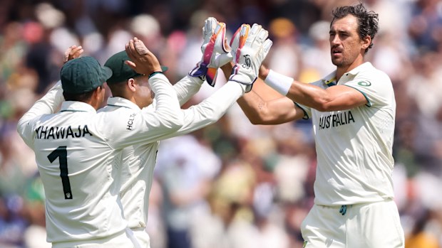 LONDON, ENGLAND - JUNE 14: Mitchell Starc of Australia celebrates taking the wicket of Tristan Stubbs of South Africa during day 4 of the ICC World Test Championship, final match between South Africa and Australia at Lords Cricket Ground on June 14, 2025 in London, England. (Photo by Paul Harding/Gallo Images)
