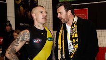 MELBOURNE, AUSTRALIA - JUNE 17: Dustin Martin of the Tigers and CEO Brendon Gale chat during the 2023 AFL Round 14 match between the Richmond Tigers and the St Kilda Saints at the Melbourne Cricket Ground on June 17, 2023 in Melbourne, Australia. (Photo by Michael Willson/AFL Photos via Getty Images)