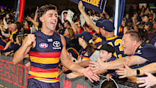ADELAIDE, AUSTRALIA - MAY 01: Josh Rachele of the Crows with fans after the win during the 2026 AFL Round 08 match between the Adelaide Crows and the Port Adelaide Power at Adelaide Oval on May 1, 2026 in Adelaide, Australia. (Photo by Sarah Reed/AFL Photos via Getty Images)