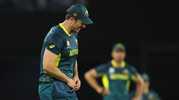 Mitchell Marsh reacts after dropping a catch during the ICC Men's T20 Cricket World Cup West Indies & USA 2024 match between Australia and Scotland at  Daren Sammy National Cricket Stadium on June 15, 2024 in Gros Islet, Saint Lucia. (Photo by Robert Cianflone/Getty Images)