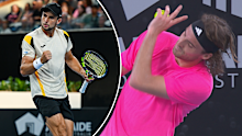 Aleksander Vukic reacts to his win over Stefanos Tsitsipas.