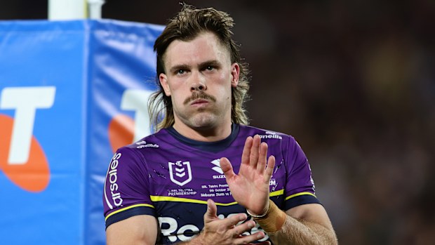 Ryan Papenhuyzen thanks the fans after the 2024 NRL grand final, which the Storm lost to the Panthers.
