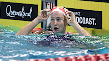 GOLD COAST, AUSTRALIA - APRIL 08: Mollie O'Callaghan celebrates winning the Women's 200m Freestyle final during the 2026 Australian Open Swimming at Gold Coast Aquatic Centre on April 08, 2026 in Gold Coast, Australia. (Photo by Chris Hyde/Getty Images)