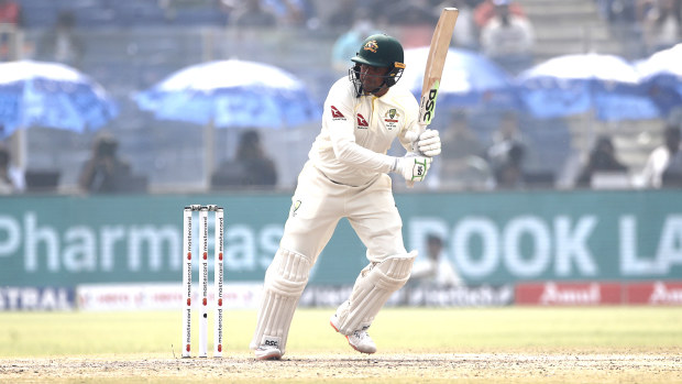 Usman Khawaja of Australia plays a shot during day one of the Second Test match in the series between India and Australia at Arun Jaitley Stadium on February 17, 2023 in Delhi, India. (Photo by Pankaj Nangia/Getty Images)